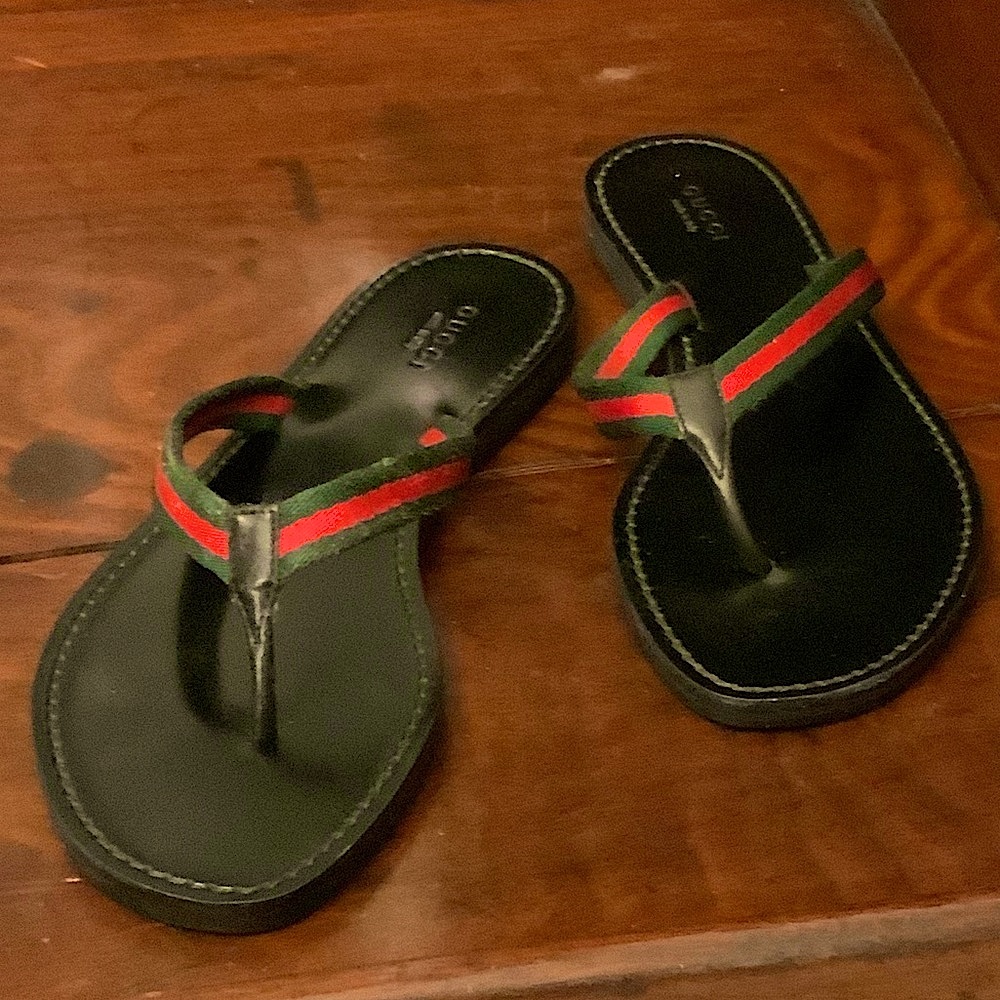 Gucci Black Flip Flops with Red and Green Straps - Picture 8 of 16